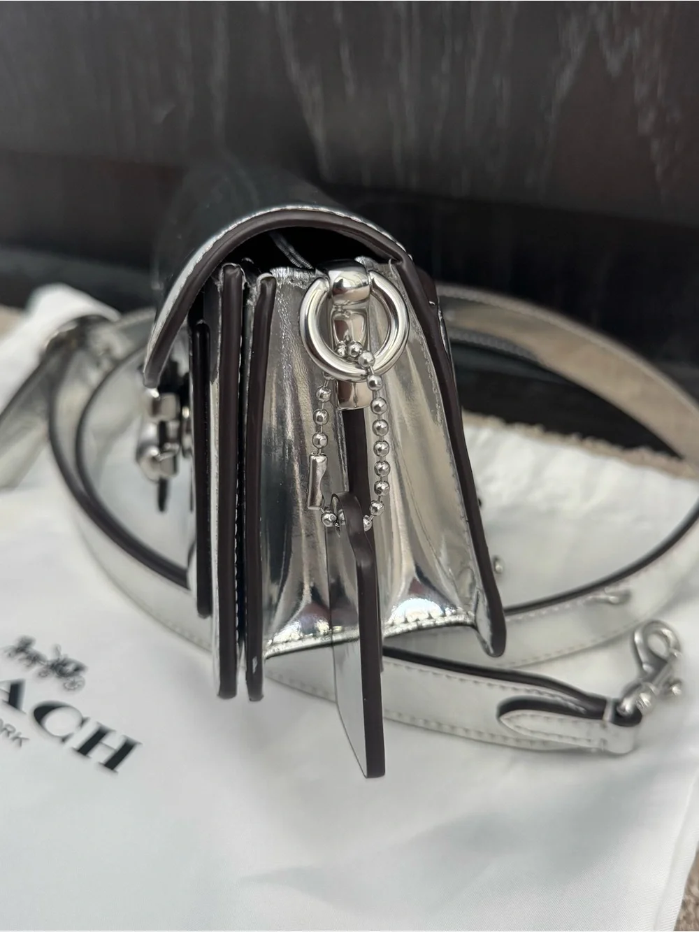 Coach Silver Metallic Tabby Small Crossbody Turn Lock w/ Detachable Strap